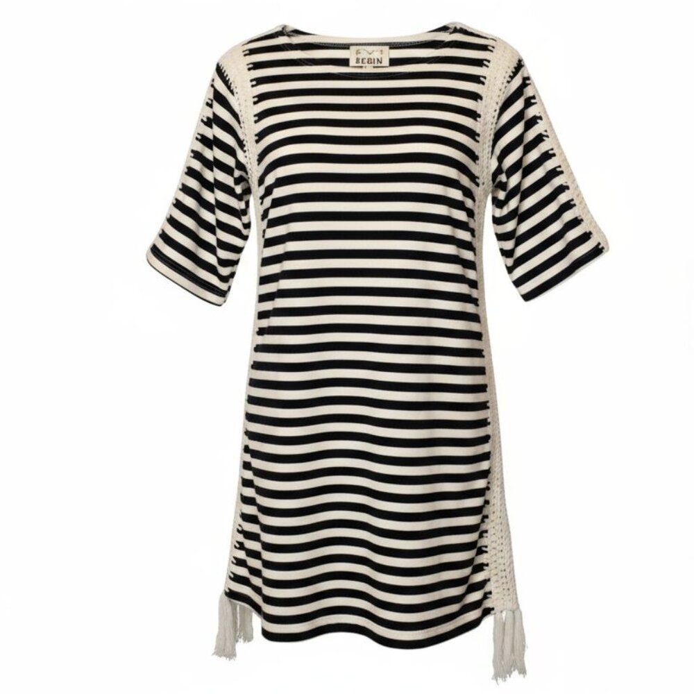 Anthropologie Black White Striped Cotton Dress Small Crochet Fringe Boho Coastal